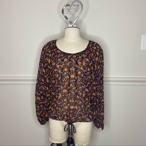 Anthropologie Black and Pink Floral Blouse with Tassels